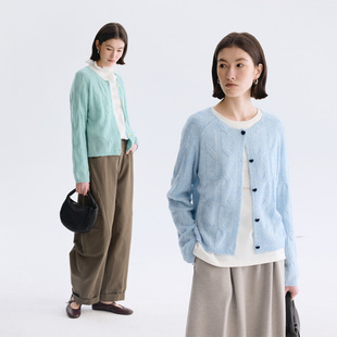 女2026春款 Dotdrobe多着 羊绒羊毛天丝混纺心型包扣绞花针织开衫