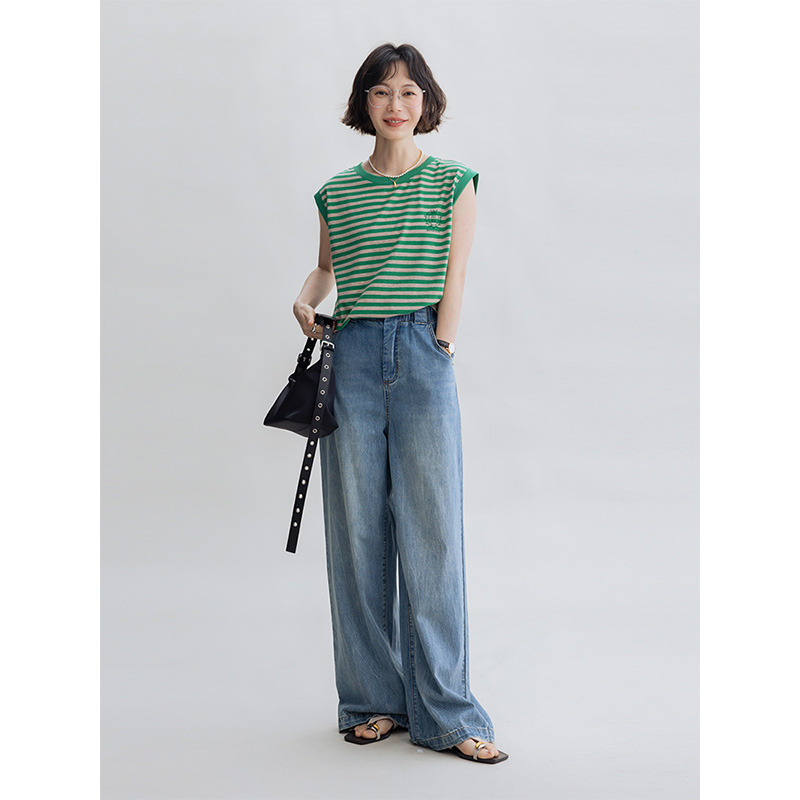 扎花水洗松紧腰军装风牛仔裤