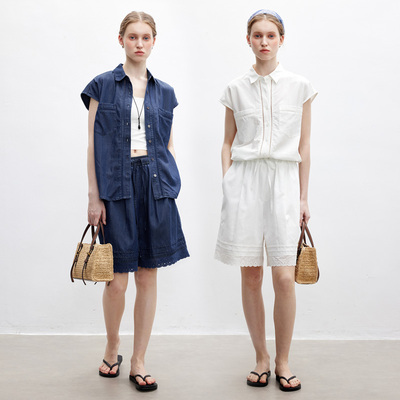 多着天丝亚麻镂空花边衬衫套装