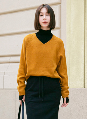 DotDrobe多着 黄金橙UPW特细美利奴羊毛V领毛衣女春款套头宽松