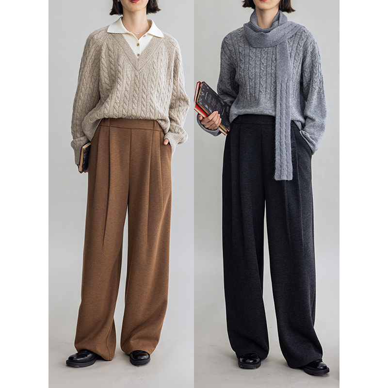 多着醋酸羊毛混纺松紧抗皱阔腿裤