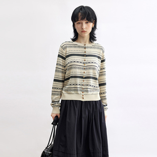 Dotdrobe多着 北欧复古提花针织开衫 女早秋 两色入 天丝亚麻混纺