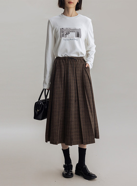 Dotdrobe多着 M1U风 抽绳松紧腰褶裥中长款半身裙秋-灰色/咖格