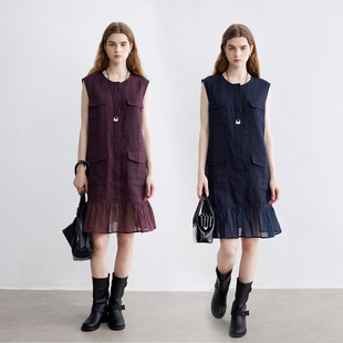 两色入 多口袋拼接下摆连衣裙夏款 Dotdrobe多着 100%亚麻