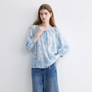 女 Dotdrobe多着 衬衫 木耳边抽绳圆领印花灯笼袖 两色入 苎麻亚麻