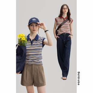 宽肩条纹polo领T恤女春夏 两色入 航海系撞色领无袖 Dotdrobe多着