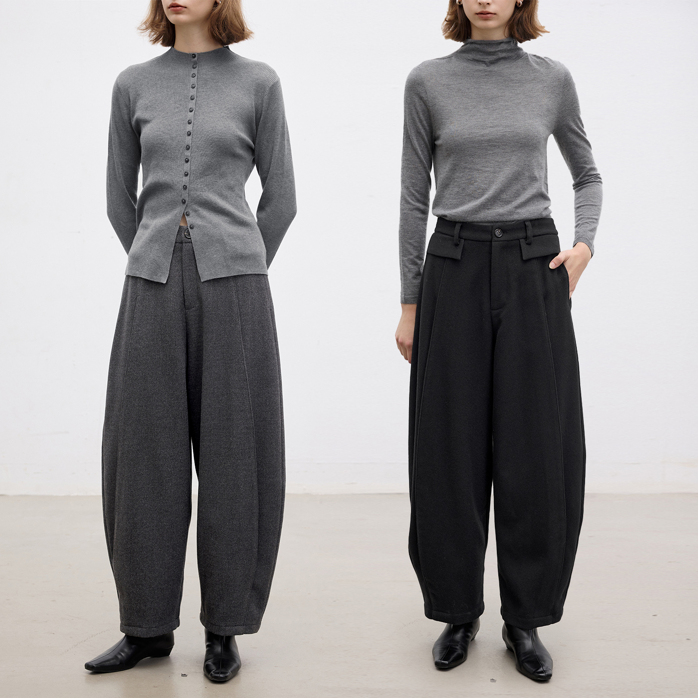 仿毛呢面料立体多裁片拼接弯刀裤