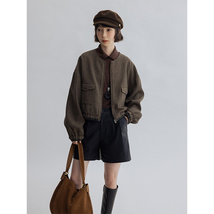 苔藓绿 风拼接下摆圆领毛呢外套女 Dotdrobe多着 M1u系羊毛工装