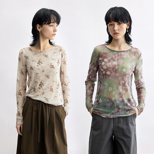T恤女内搭外穿早秋新款 两色入 微透网纹印花长袖 Dotdrobe多着