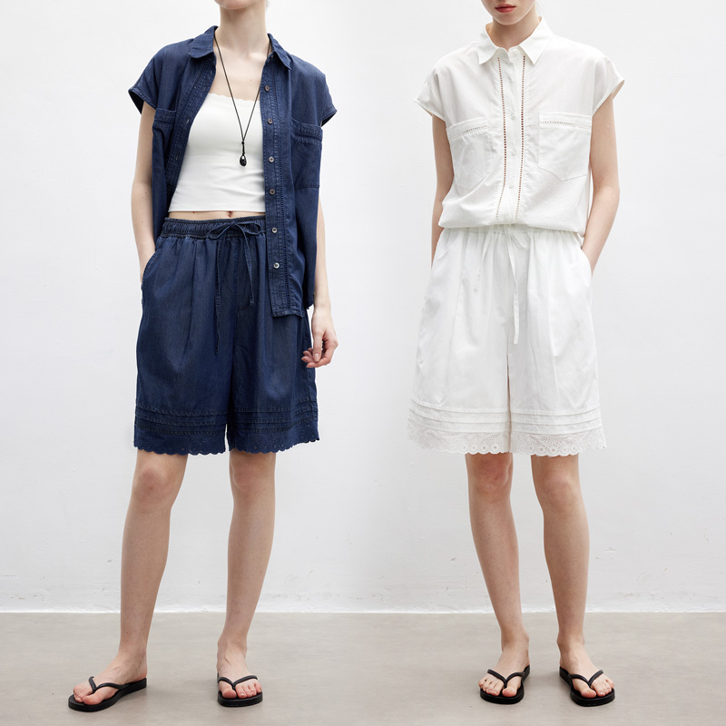 多着脚边绣花天丝亚麻松紧腰短裤