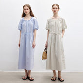 Dotdrobe多着 两色入 薄款 纯棉腰间抽绳花苞袖 圆领条纹连衣裙夏季