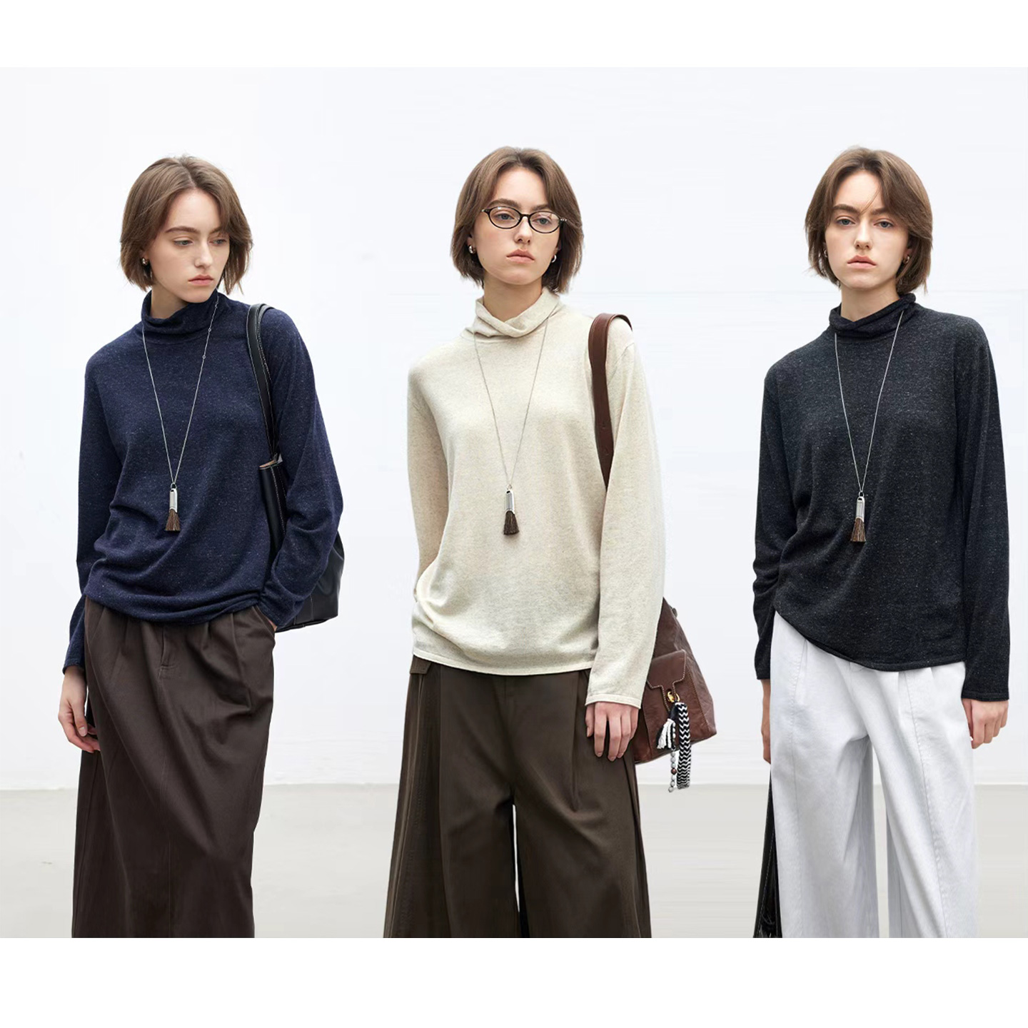 羊毛亚麻堆堆领卷边套头针织衫