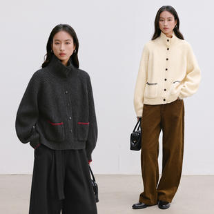 Dotdrobe多着 女秋冬毛衣外套宽松 立领手工勾边羊毛混纺针织开衫