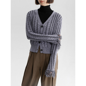 Dotdrobe多着 女春修身 浅紫黑色羊毛混纺麻花流苏短款 V领针织开衫