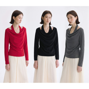 优雅挂脖荡领假两件 新款 套头长袖 女春季 针织衫 Dotdrobe多着