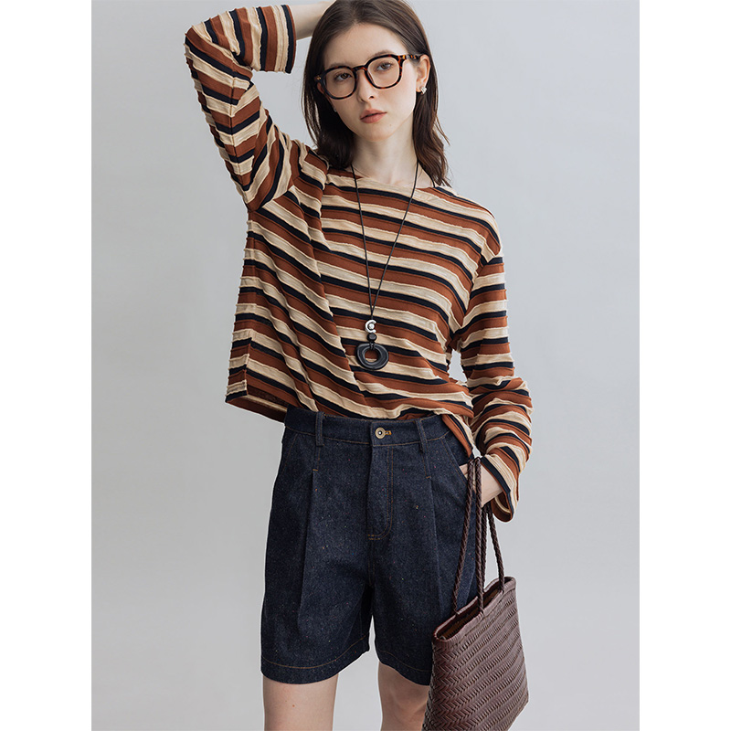 多着船型领立体条纹肌理长袖T恤