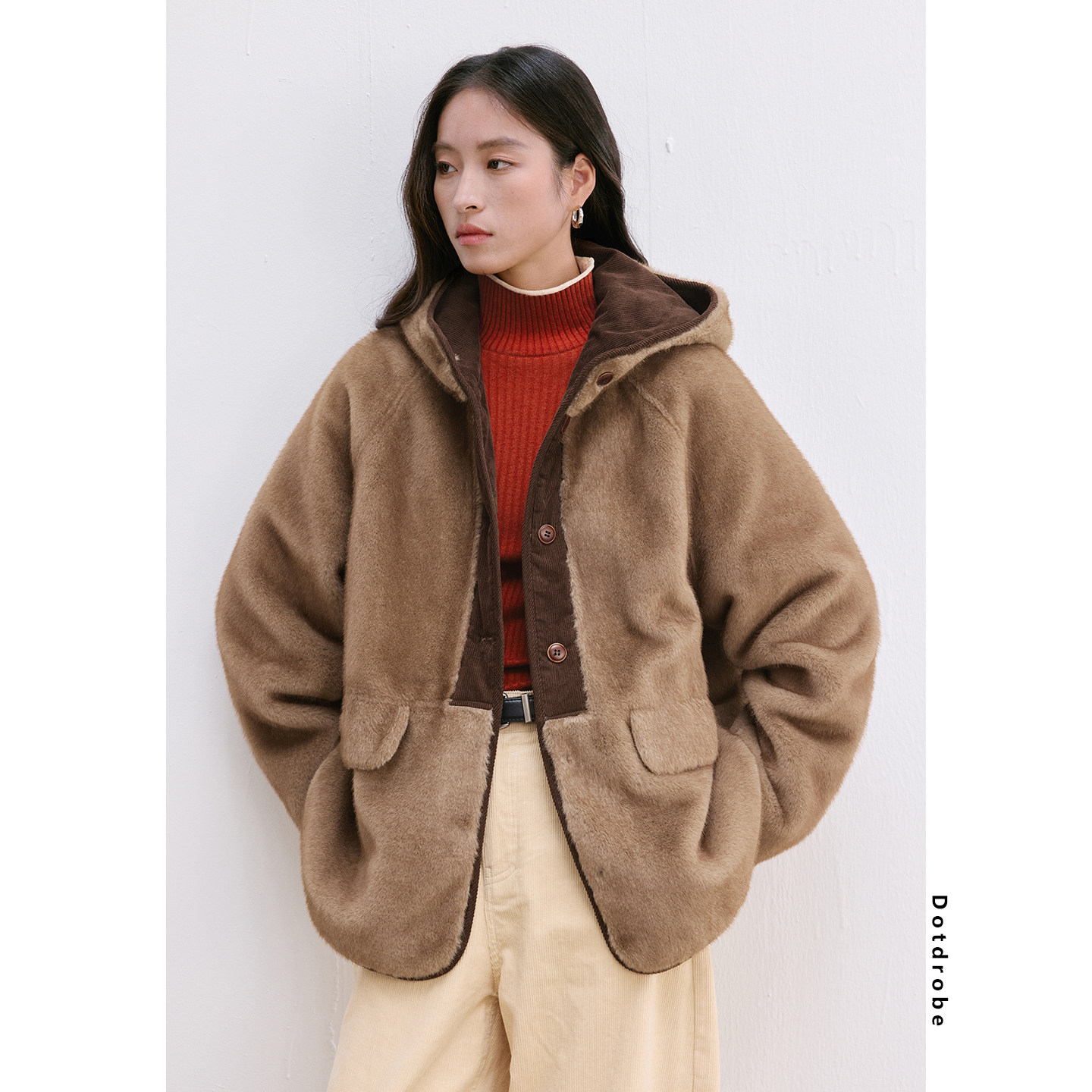 【直播专属】Dotdrobe多着 环保皮草 连帽半门槛拼接皮毛一体外套