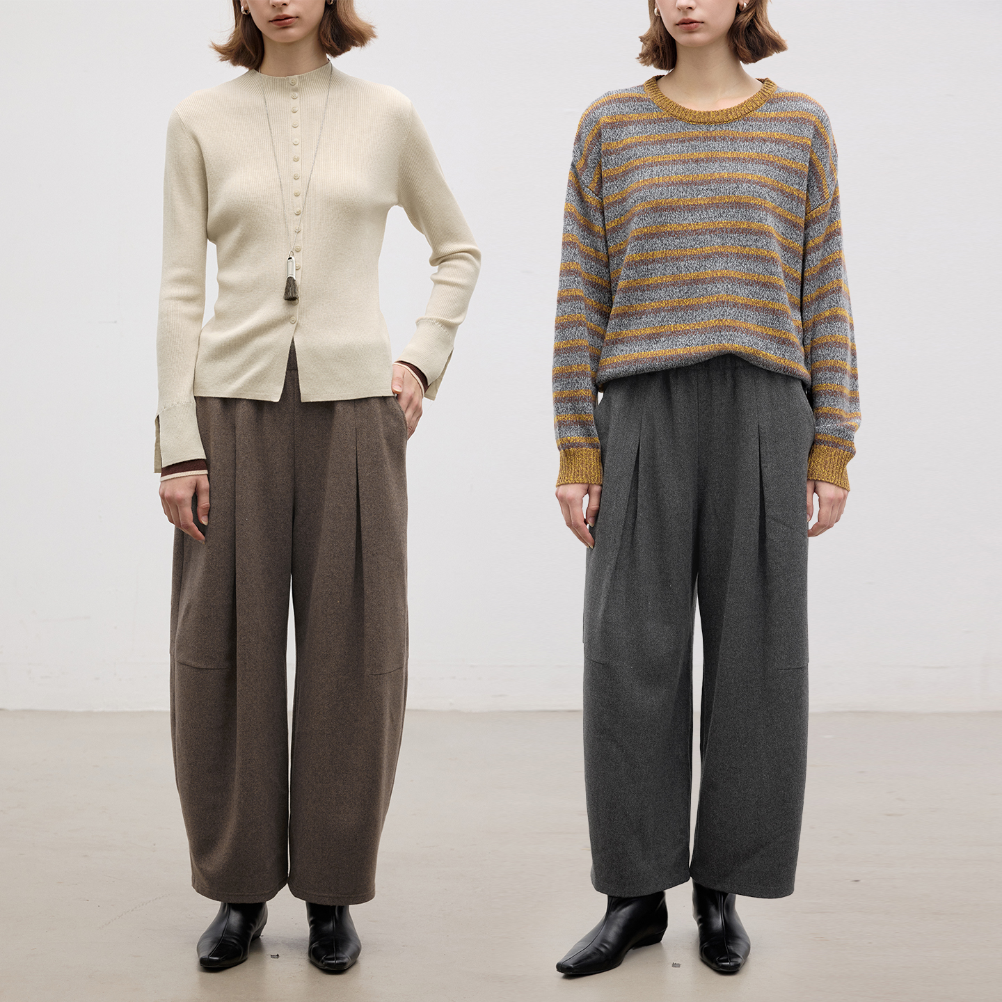 多着内褶裥松紧腰羊毛九分锥形裤