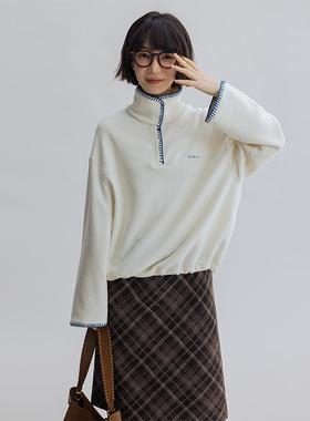 Dotdrobe多着 泰迪圈圈绒 贝壳绣摇粒绒套头卫衣女秋冬-灰色/奶白