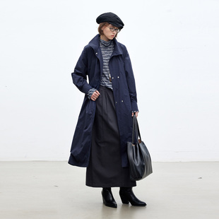 Dotdrobe多着 藏青色 日系可调节侧开叉纽扣长风衣女早秋新款