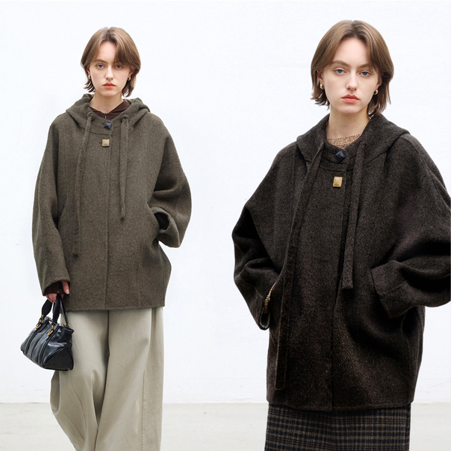 羊毛混纺斗篷廓形连帽双面呢大衣