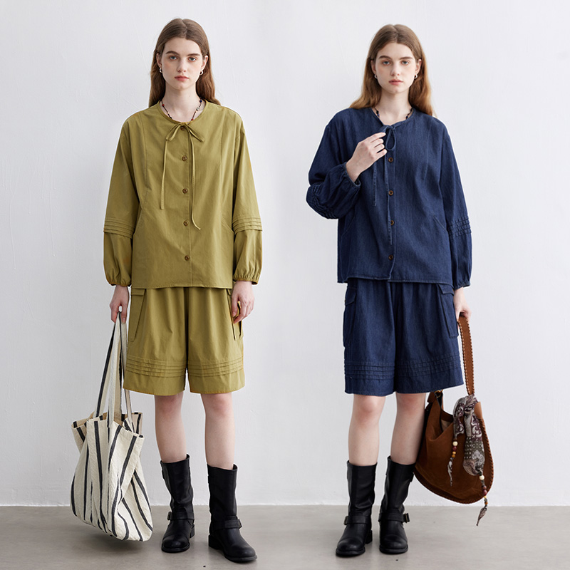 多着日系A字衬衫外套+短裤套装