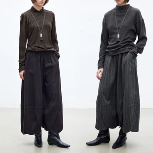 Dotdrobe多着 郁金香花苞设计 松紧腰开叉阔腿裤女秋冬-两色入