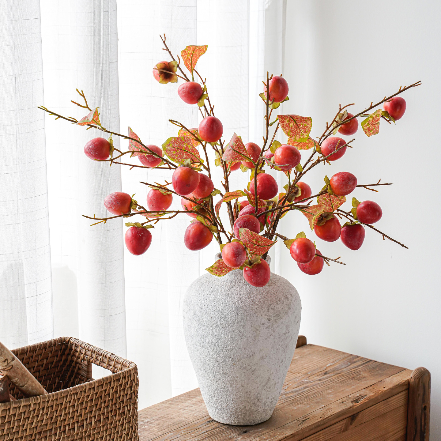 仿真花柿子果树枝柿柿如意摆件干花假花客厅玄关插花餐桌装饰品