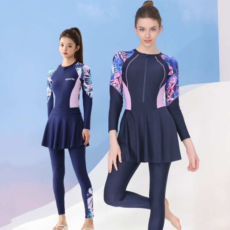 泳衣女2025新款长袖长裤保守连体裙式游泳馆大码显瘦防晒温泉泳装