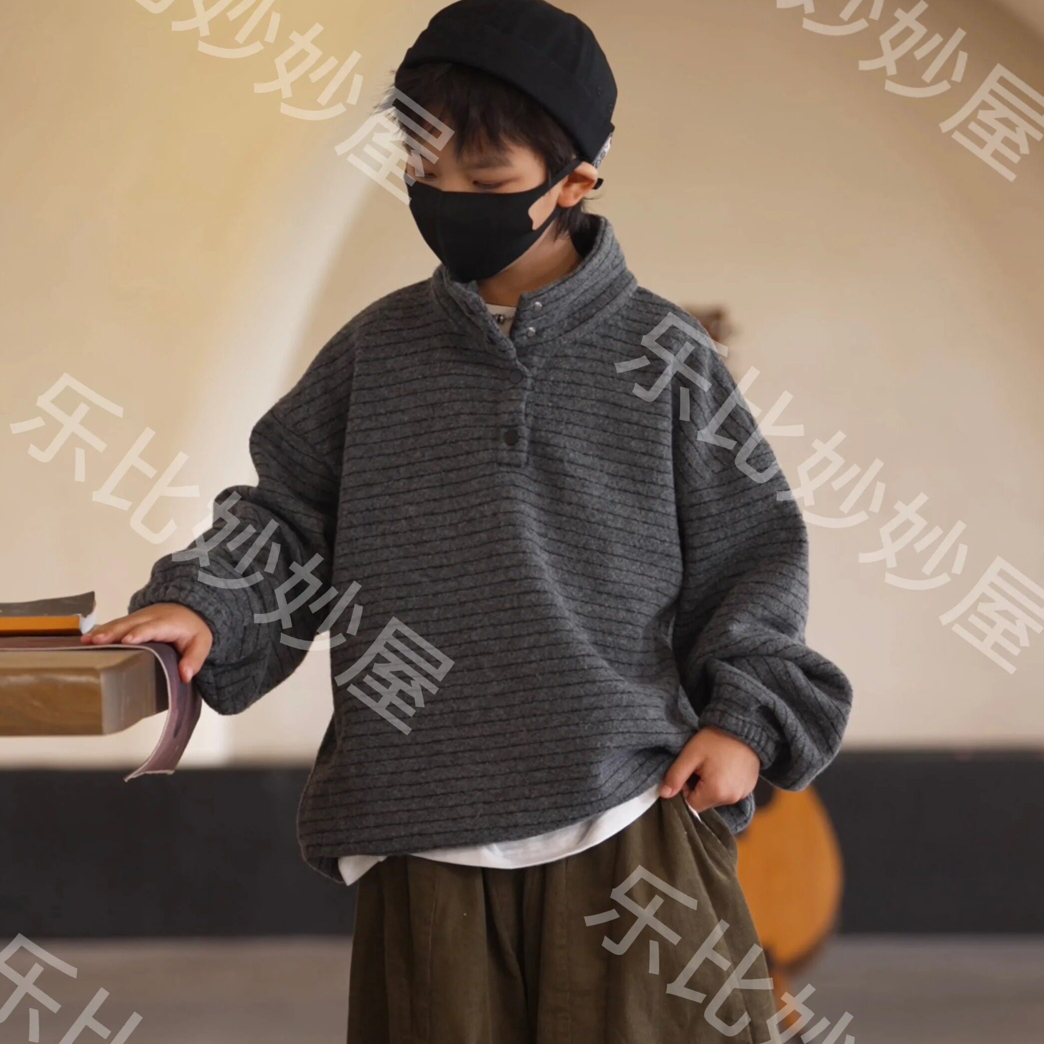 刘刘妈&新款男童复古立领卫衣洋气宽松长袖中大童条纹春秋上衣