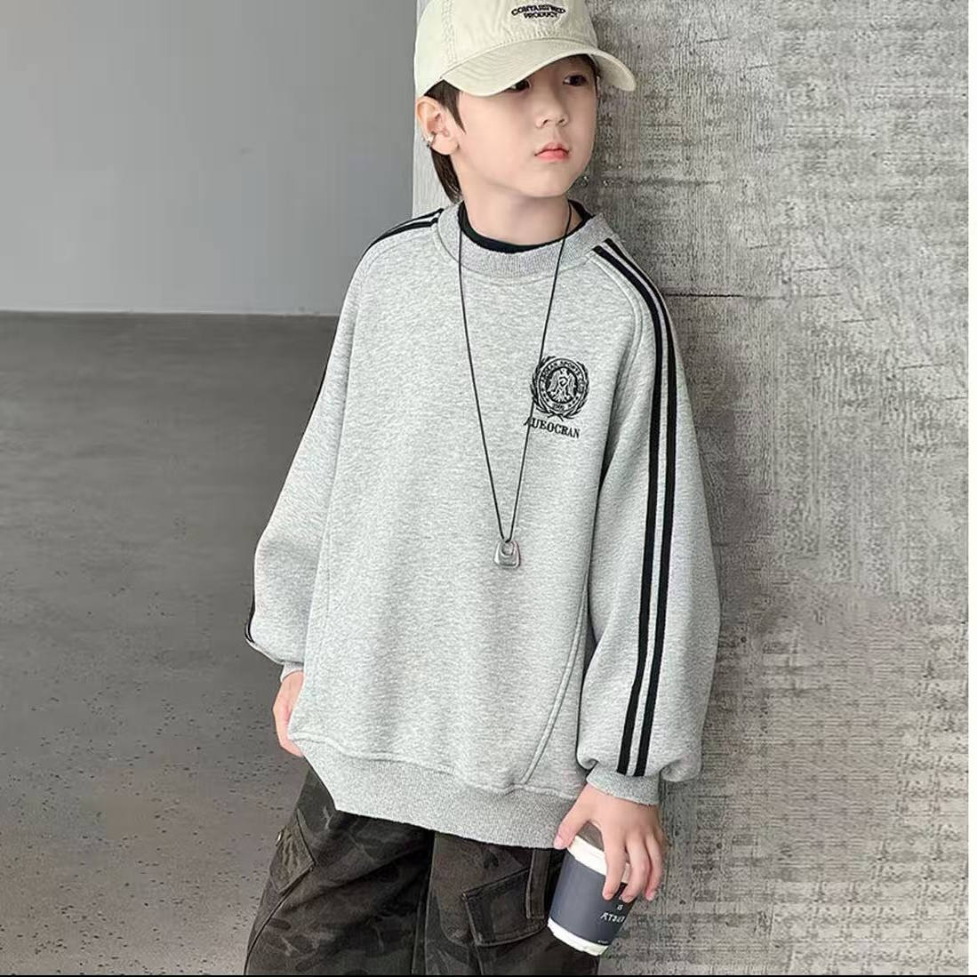 刘刘妈&亲子装秋冬卫衣百搭灰色男女童时尚潮流保暖上衣