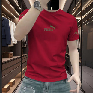 上衣纯棉半袖 印花纯棉百搭半袖 T恤男潮流修身 欧洲站红色短袖