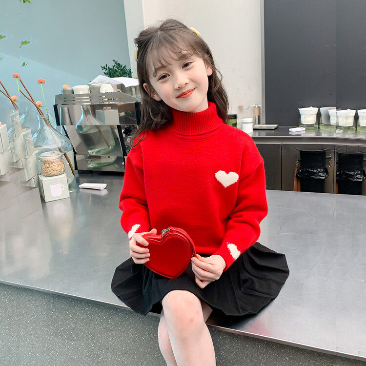 女童毛衣2024新款韩版洋气女孩子针织衫套头加厚加绒过年新衣大红