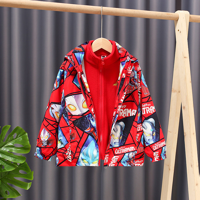 童装冲锋衣男童三合一可拆卸男宝宝外套秋冬加厚加绒两件套奥特曼