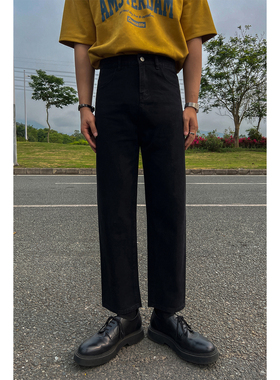 韩版纯色宽松直筒高腰九分牛仔裤子男女同款时尚百搭复古休闲裤潮