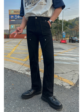 韩版高街复古水洗微喇叭宽松牛仔裤男女潮流铆钉拼接休闲长裤子潮