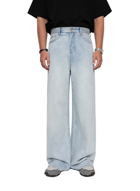 韩版浅蓝色复古宽松直筒高腰牛仔裤男女时尚休闲阔腿拖地长裤子潮