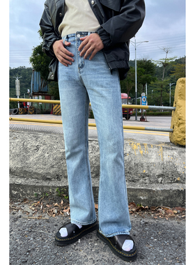 韩版纯色宽松直筒高腰牛仔裤男女同款百搭复古微喇叭休闲长裤子潮