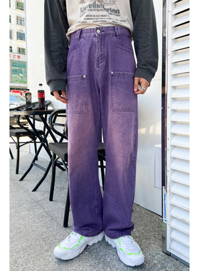 韩版紫色渐变宽松直筒高腰牛仔裤子男女同款百搭复古休闲裤时尚潮