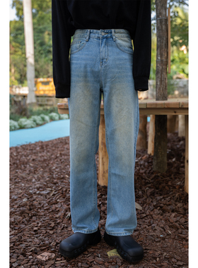 浅蓝色宽松直筒高腰牛仔长裤子男女同款百搭复古阔腿休闲裤时尚潮