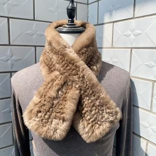进口真獭兔毛皮草围巾韩版 编制毛毛围脖保暖双面加厚毛领 简约长款