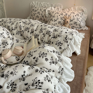 ins韩式花边款复古碎花牛奶绒四件套秋冬保暖加厚珊瑚绒被套床单