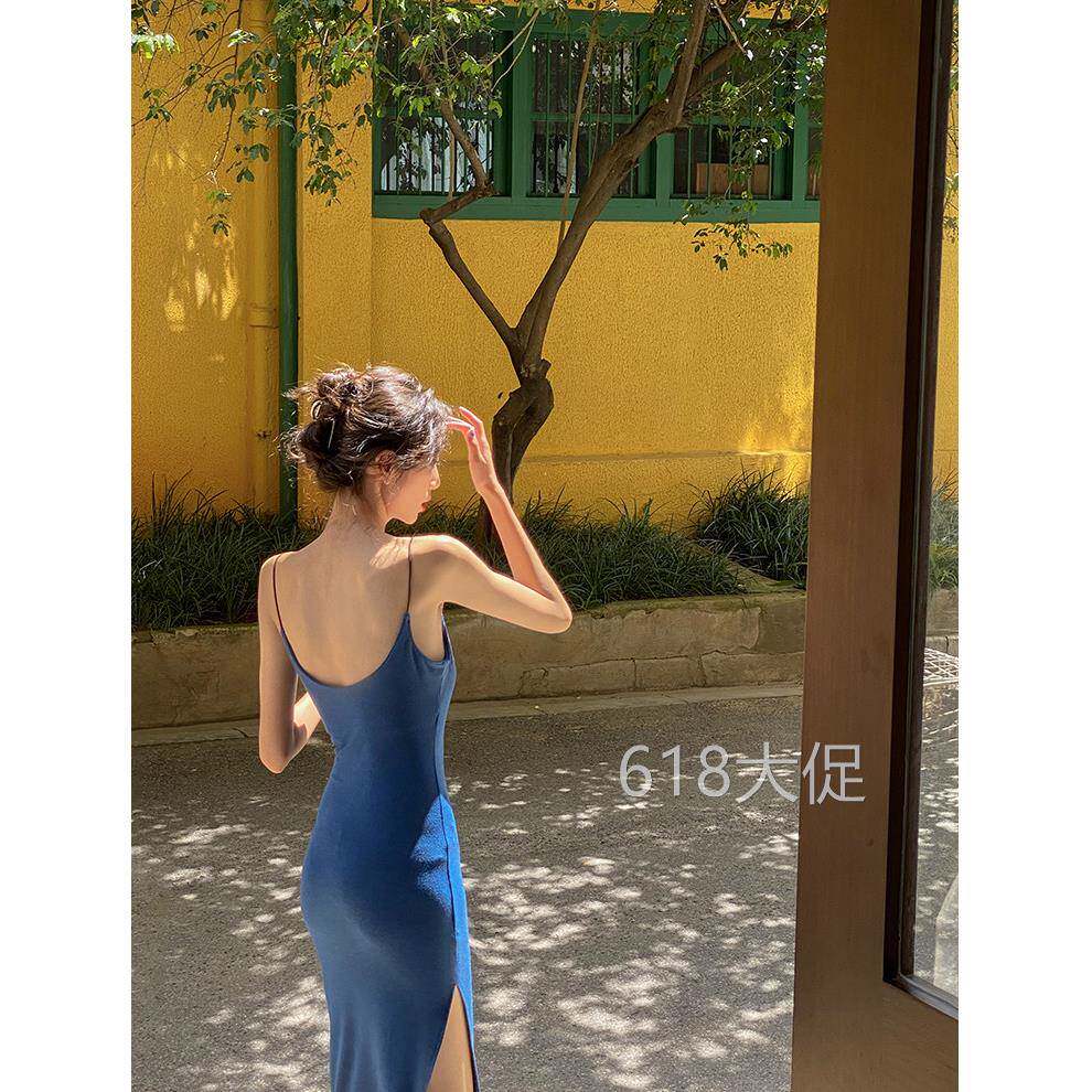 海岛商店辣妹纯欲风细肩带吊带长版洋装低胸露背开叉性感长裙