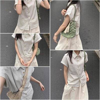 韩系正肩条纹短袖衬衫女夏日宽松设计感别致漂亮气质通勤休闲上衣