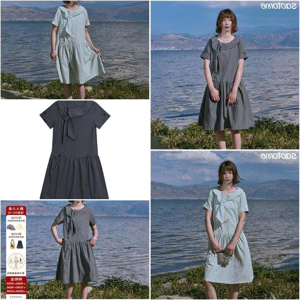 早乙女惠子 日系复古休闲清新少女格纹娃娃领低腰连衣裙女夏季