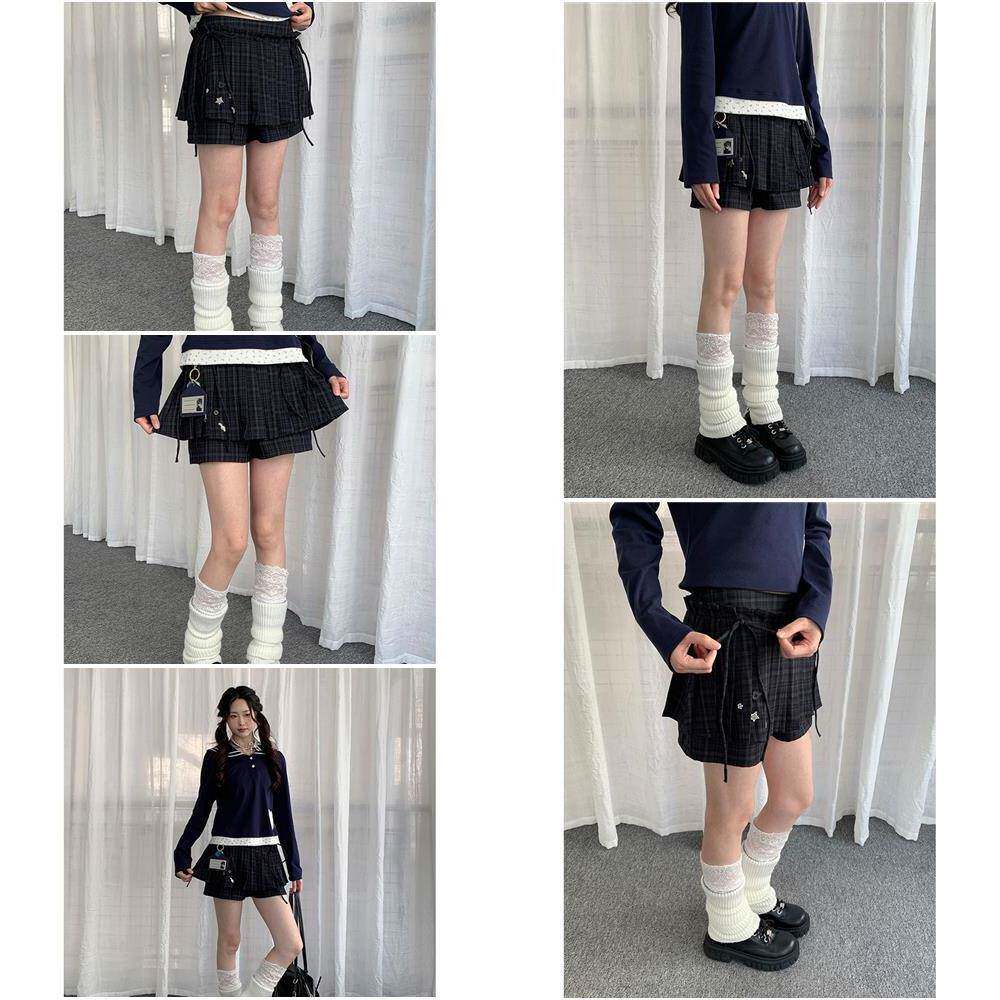 Solpaw日系古早感假两件裙摆格子短裤女轻亚风Y2K格雷系百搭裤子