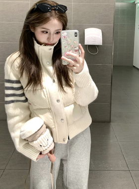 25SS秋冬TB针织拼接短款白鸭绒羽绒服女保暖舒适休闲高领夹克外套
