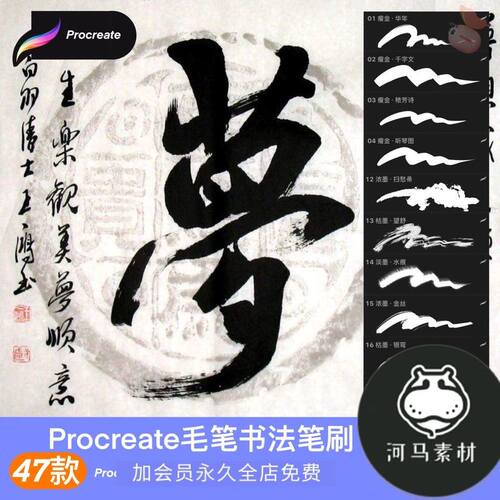 毛笔书法procreate笔刷古风国画国风水墨瘦金体楷书行书iPad插画