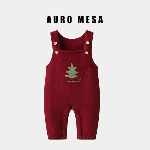 圣诞新年婴儿背带裤毛线裤