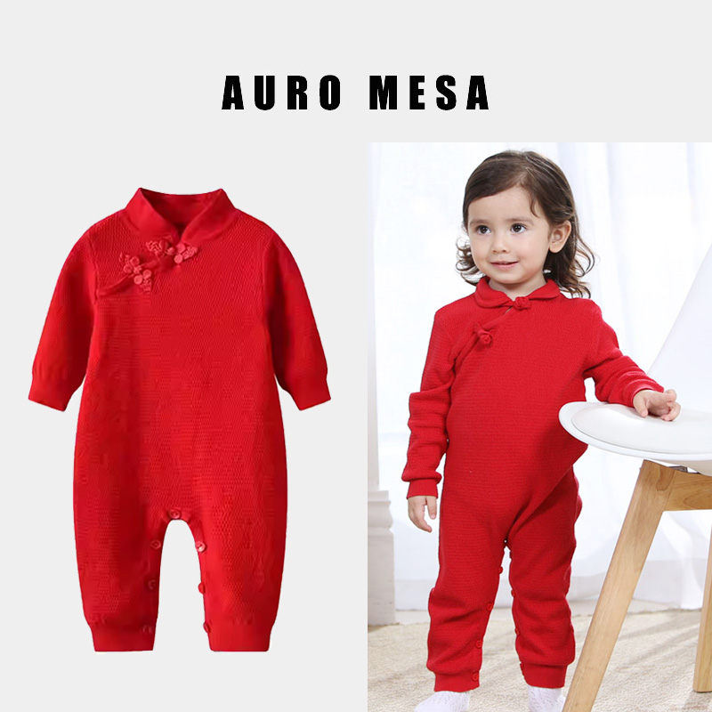 婴儿宝宝针织纯棉百天大红旗袍